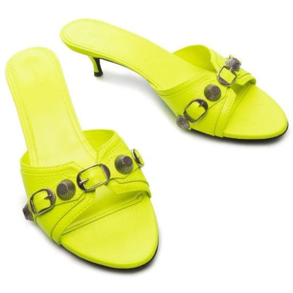 Balenciaga Cagole Studded Buckle Leather Slip On Mules Neon Yellow Women EU 37.5 - Picture 1 of 7